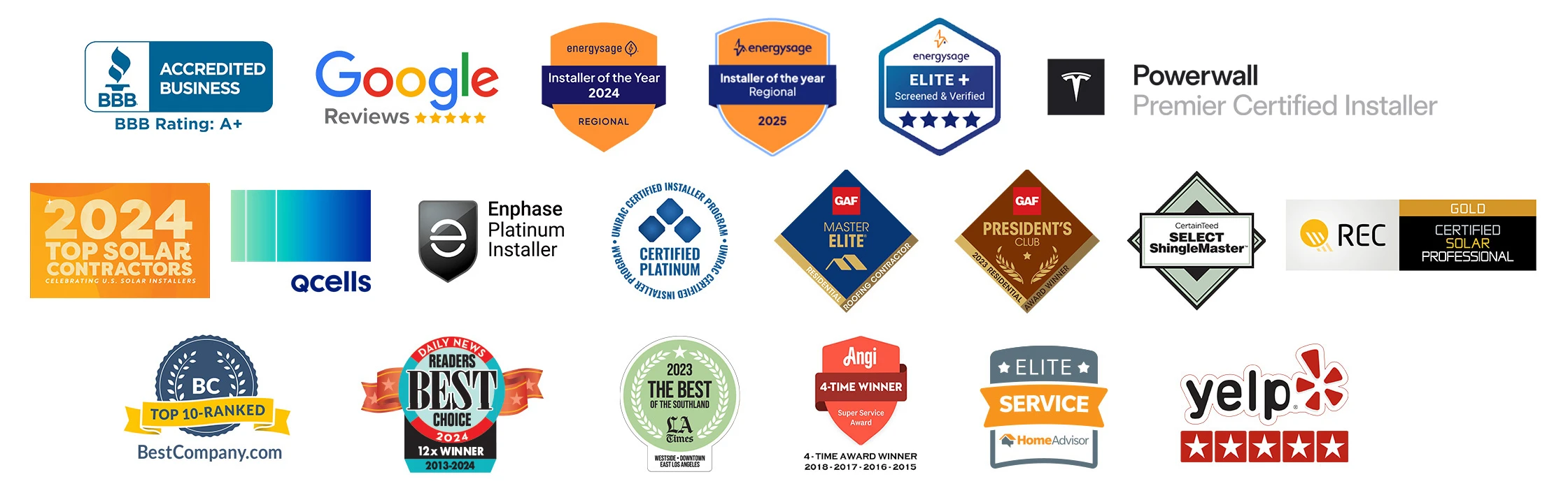 BBB A+, Google Reviews, EnergySage Installer of the Year, Tesla Powerwall Certified, GAF Master Elite, Yelp 5 Stars