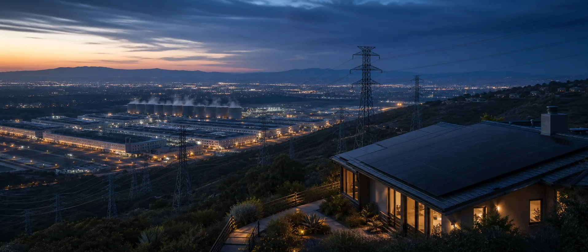 High-voltage transmission lines over Southern California hills at dusk, the grid SCE de-energizes during PSPS wind events