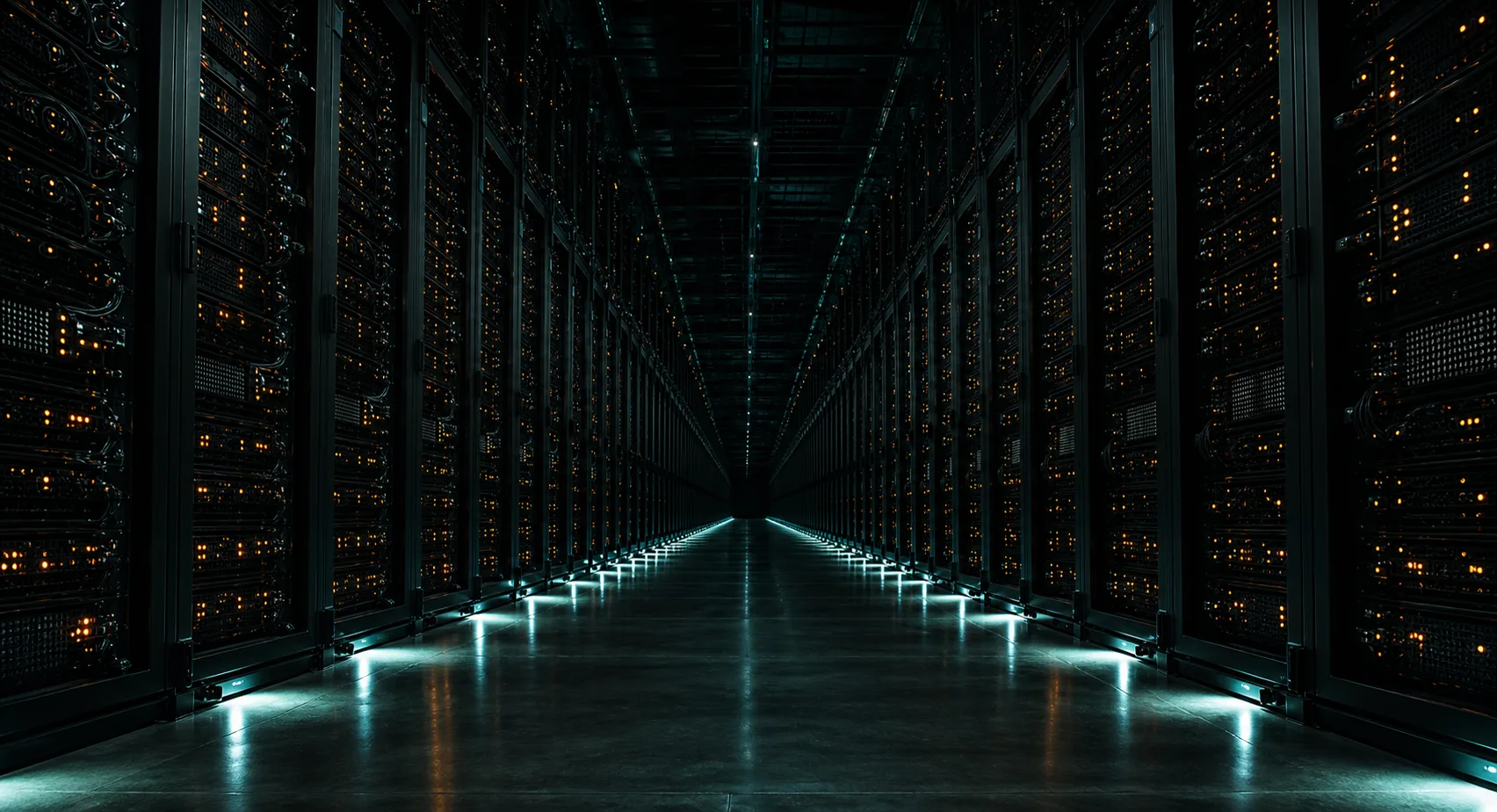 Endless rows of GPU server racks glowing with amber status lights inside an AI data center