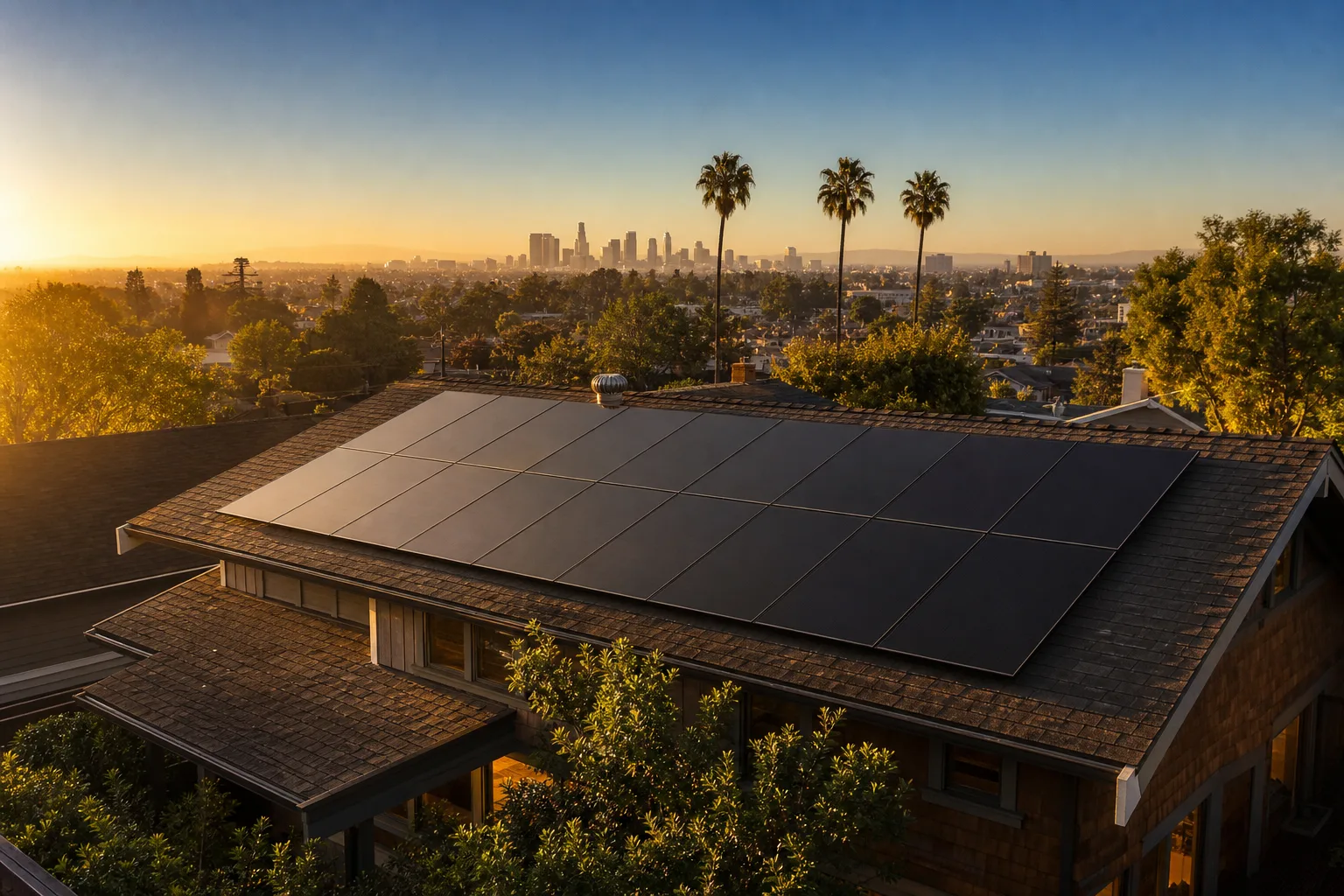 All-black solar panels and home battery system on a Los Angeles residence at golden hour