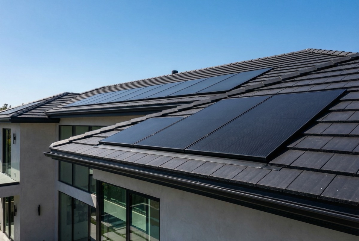 Low-profile black solar panels blending into luxury estate roofline