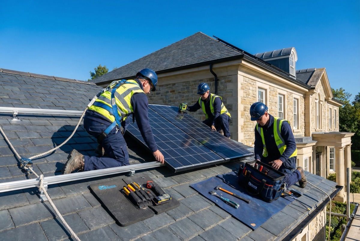 Single professional crew working efficiently on estate roof