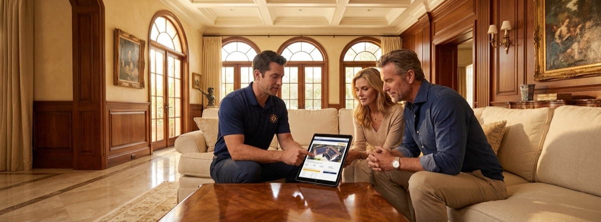 Solar consultant reviewing roof analysis on tablet with Beverly Hills homeowner