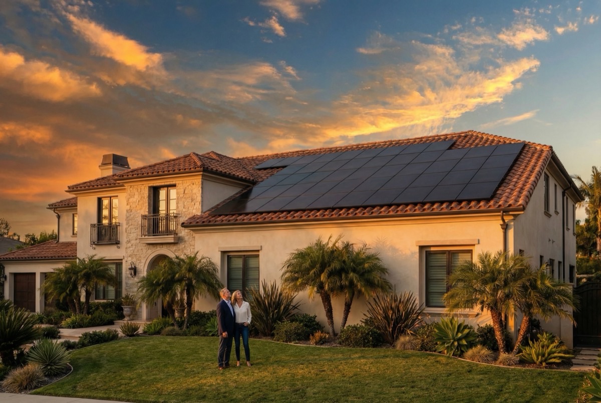 Completed solar installation on luxury Beverly Hills home at sunset