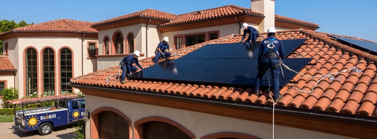 Ecobill crew installing solar panels on Beverly Hills estate roof