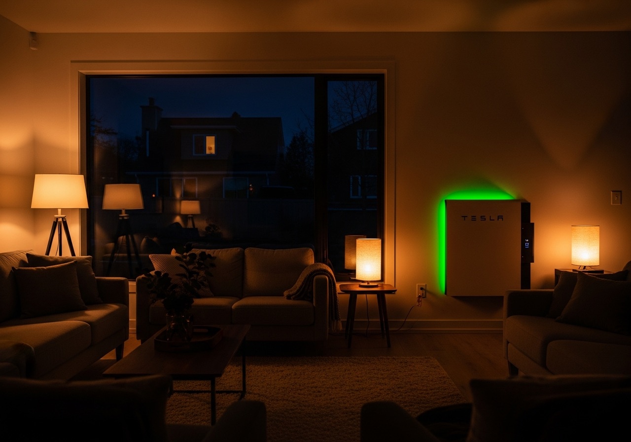 Cozy living room with Tesla Powerwall glowing green while neighborhood is dark from blackout