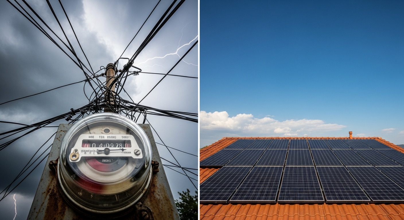 Split comparison: tangled utility wires with stormy sky versus clean solar panels with blue sky
