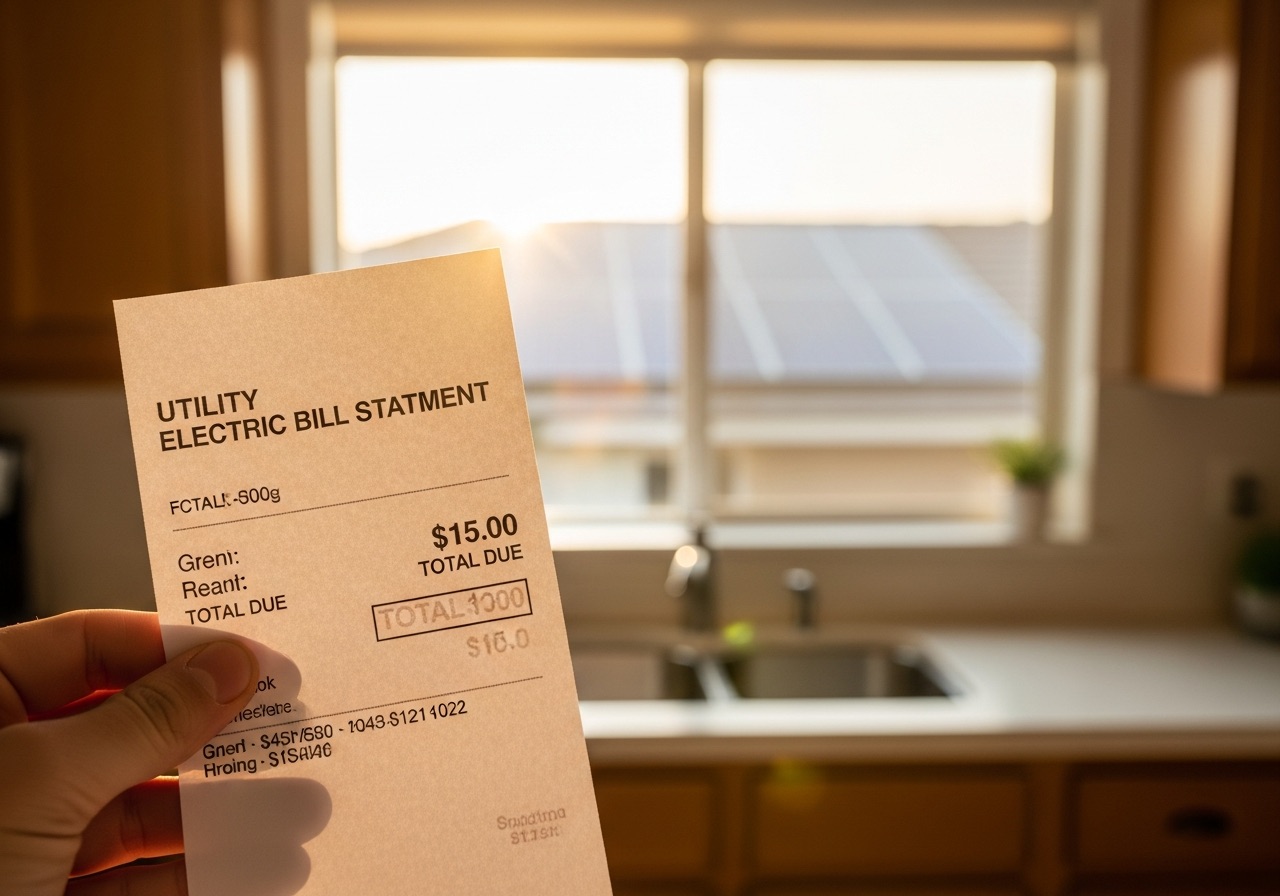 Hand holding electric bill showing $15 total due with solar panels visible through kitchen window