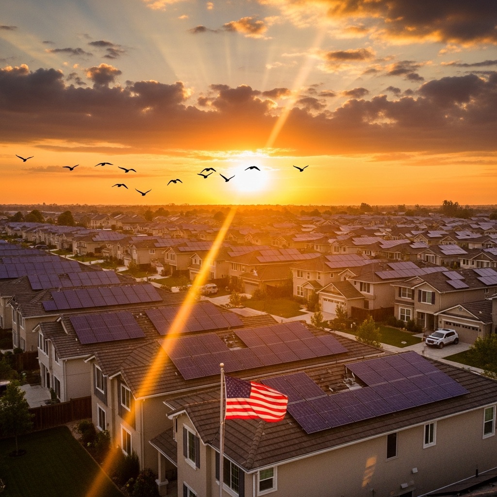 Neighborhood with solar roofs at sunrise, American flag, birds flying