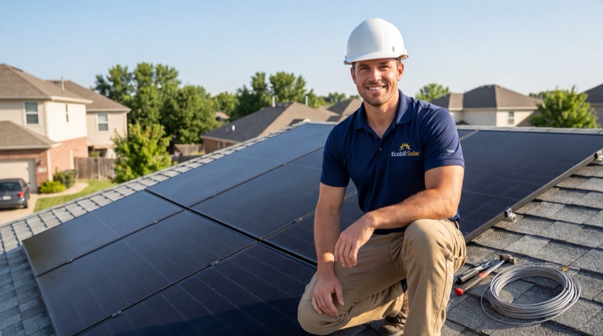 Contractor standing on roof next to solar panels