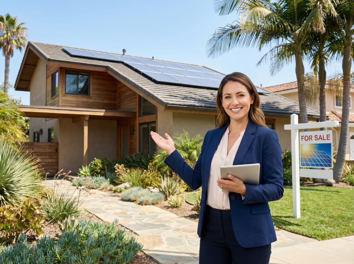 Real estate agent in front of a home with solar panels