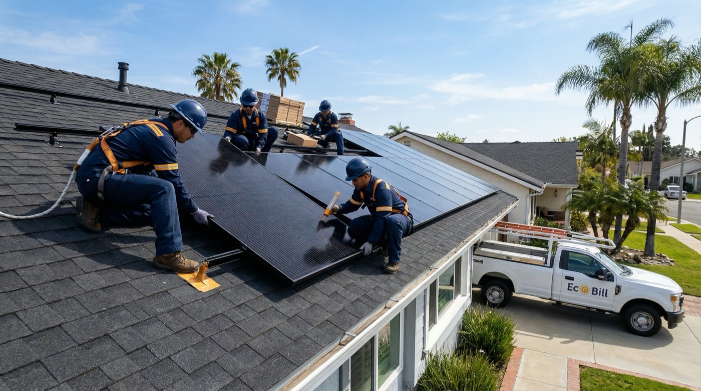 Ecobill Solar crew in navy blue uniforms installing solar panels on California home