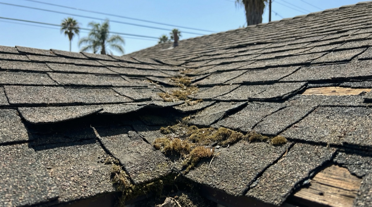 Deteriorating old asphalt shingle roof needing replacement