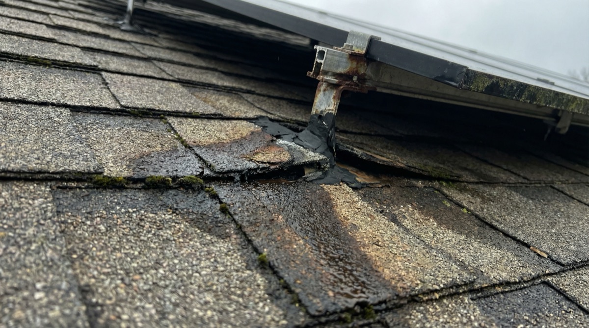 Water damage around poorly installed solar panel mount