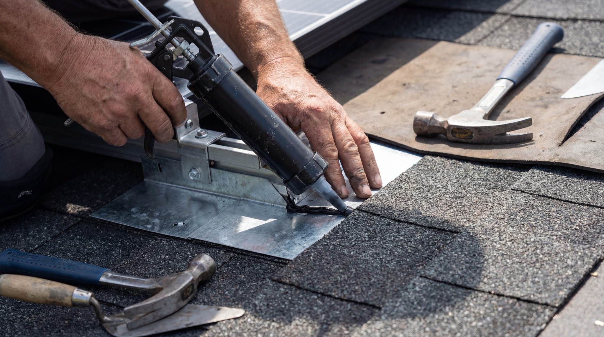 Ecobill Master Roofer installing waterproof flashing around solar panel mount