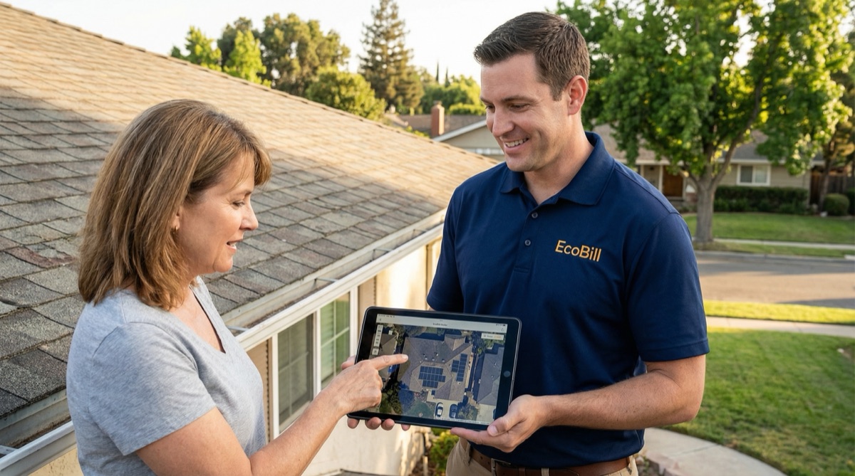 Solar consultant showing roof analysis on tablet to homeowner