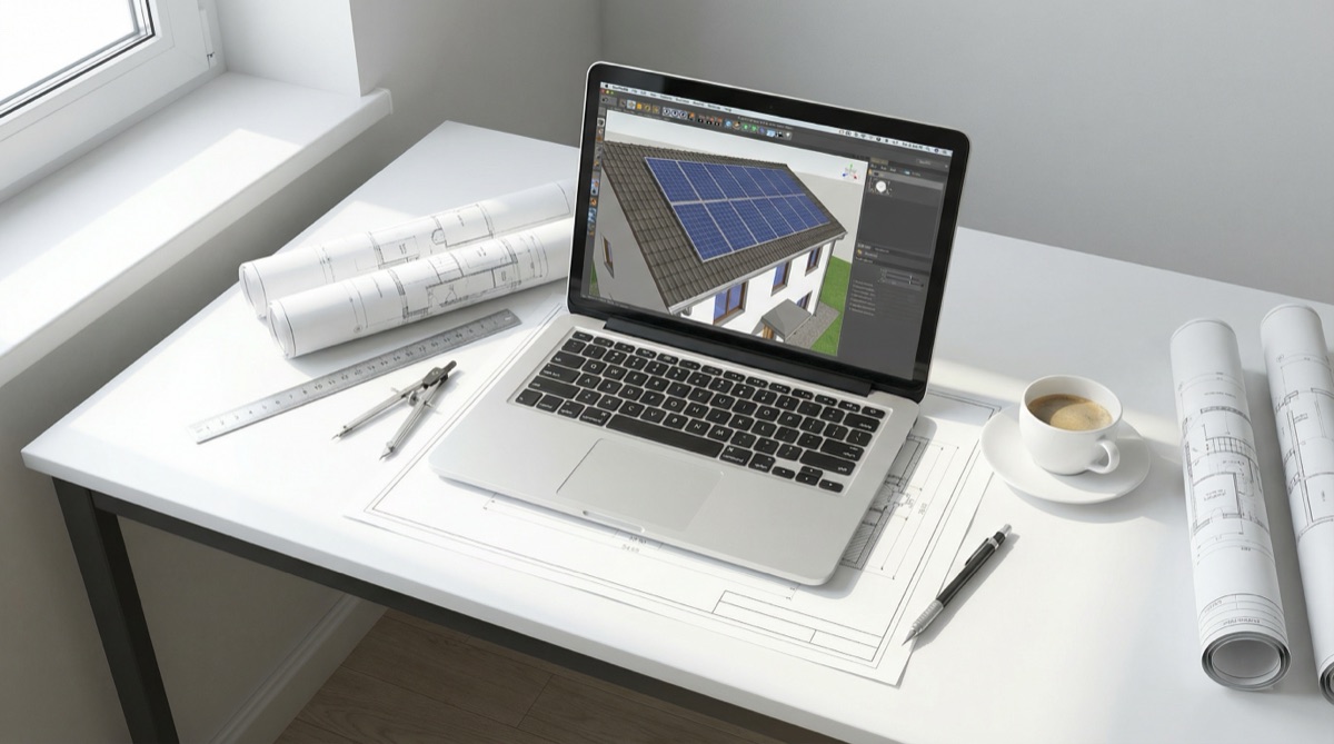 Solar panel layout design blueprints on desk