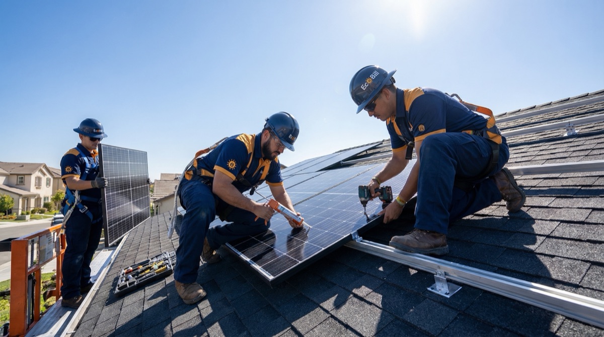 Crew installing solar panels on freshly laid roof