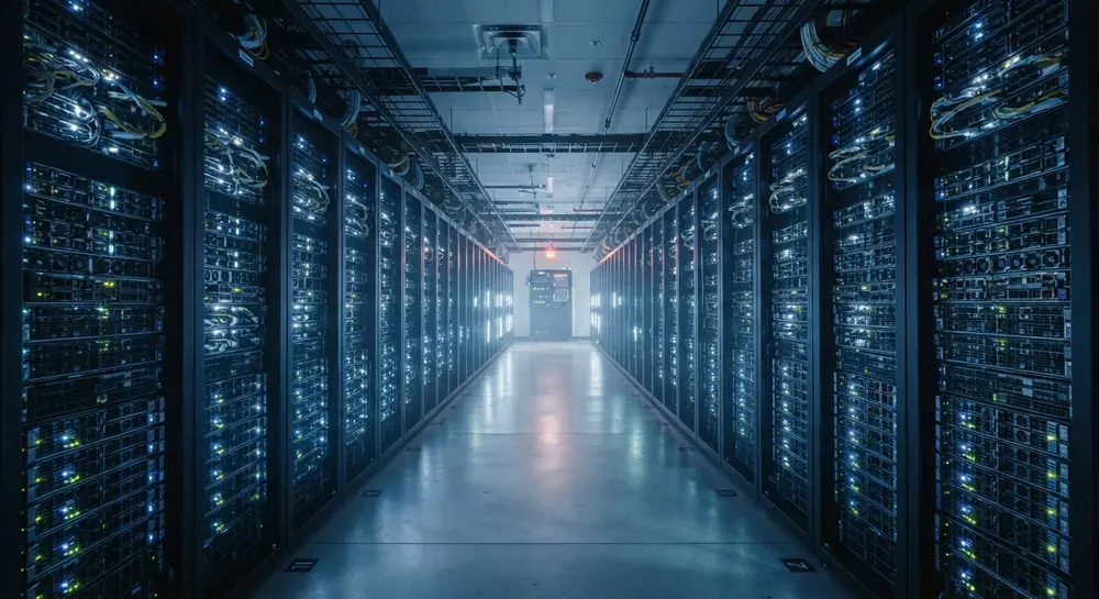 A long aisle of glowing GPU server racks inside an AI data center