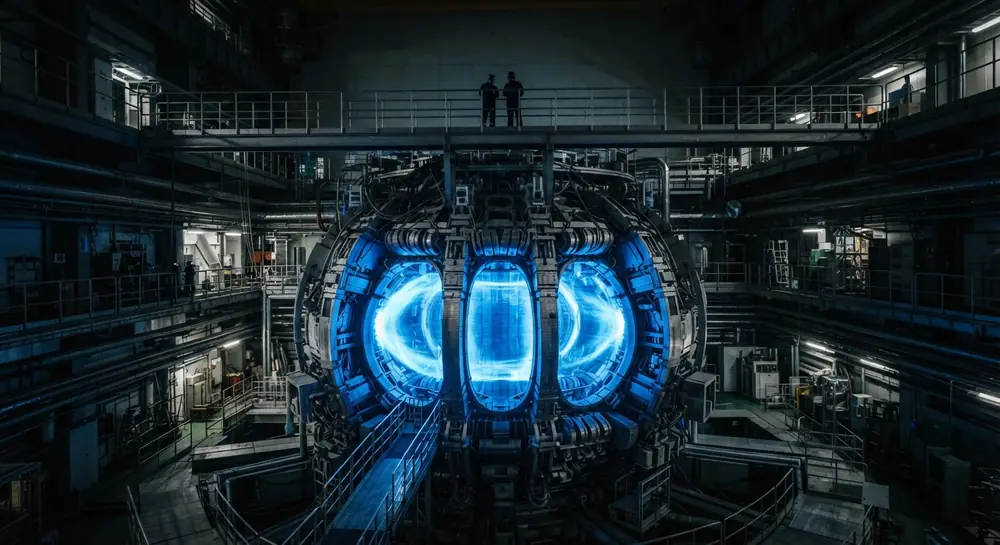 Engineers on a catwalk above a glowing experimental fusion reactor chamber