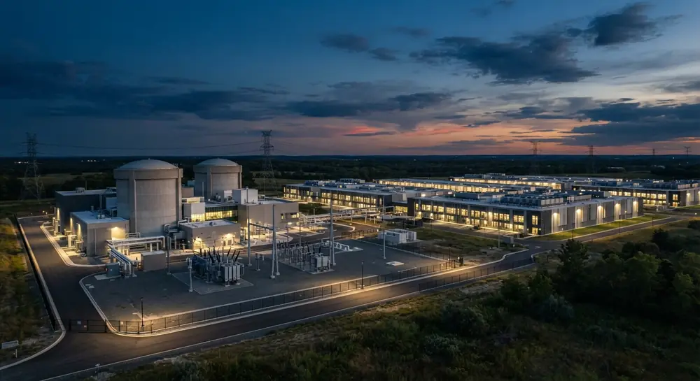 A compact nuclear plant beside a large data-center campus at dusk