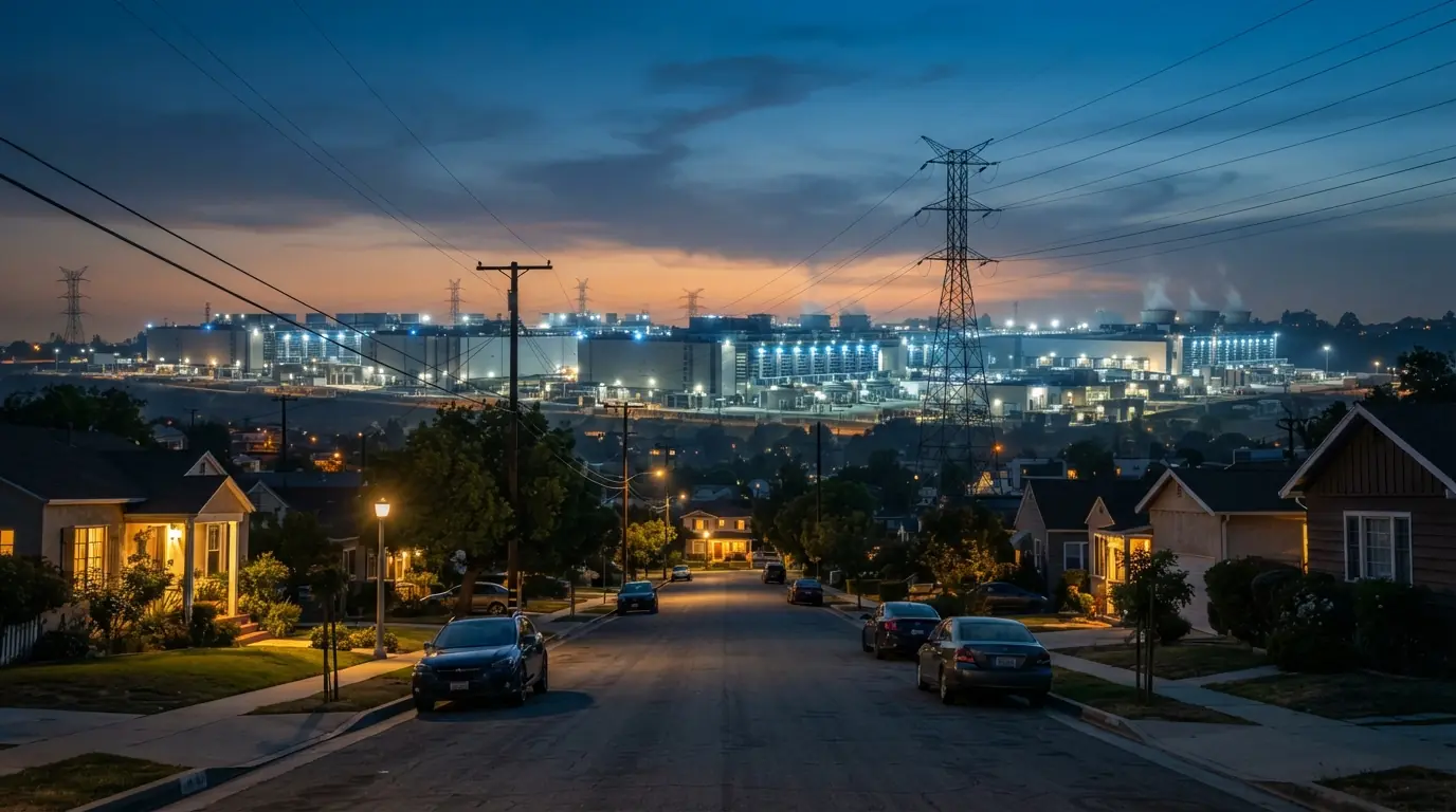 High-voltage lines running from a glowing AI data-center campus toward a Los Angeles neighborhood at dusk