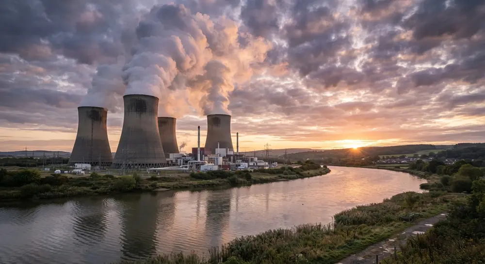 Nuclear cooling towers releasing steam at sunset beside a river