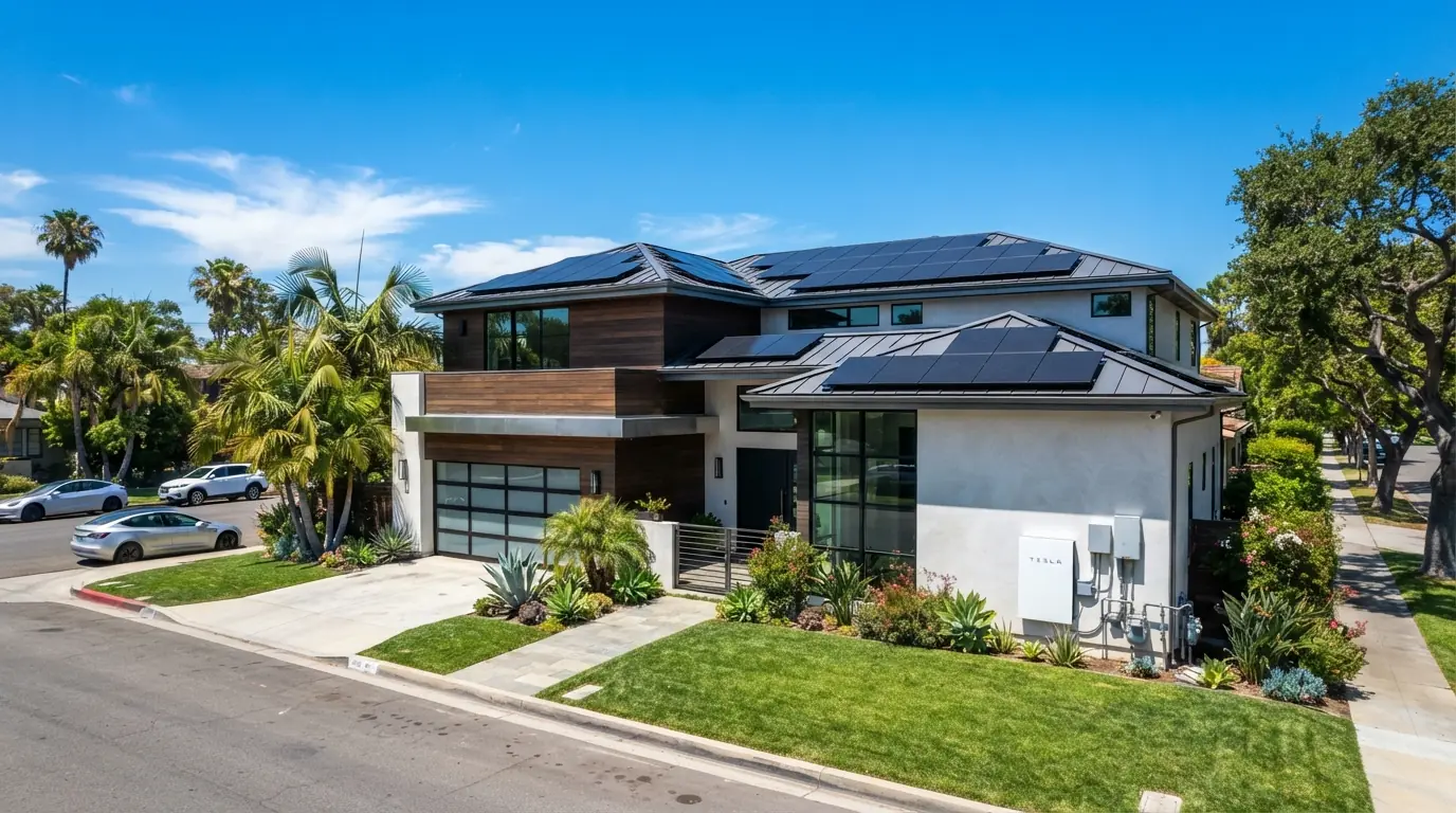 A modern Los Angeles home with black solar panels on its roof and a home battery on the side wall