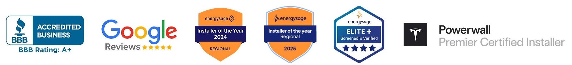 BBB accredited business A+, Google reviews, EnergySage installer awards, and Tesla Powerwall Premier Certified Installer badges