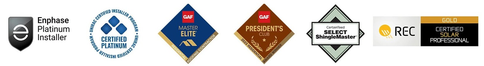 Enphase Platinum installer, GAF Master Elite, GAF President's Club, CertainTeed SELECT ShingleMaster, and REC Certified Solar Professional badges