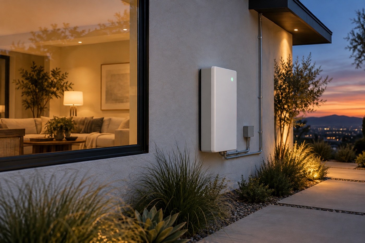 Illustrative home battery beside a warmly lit living room at dusk