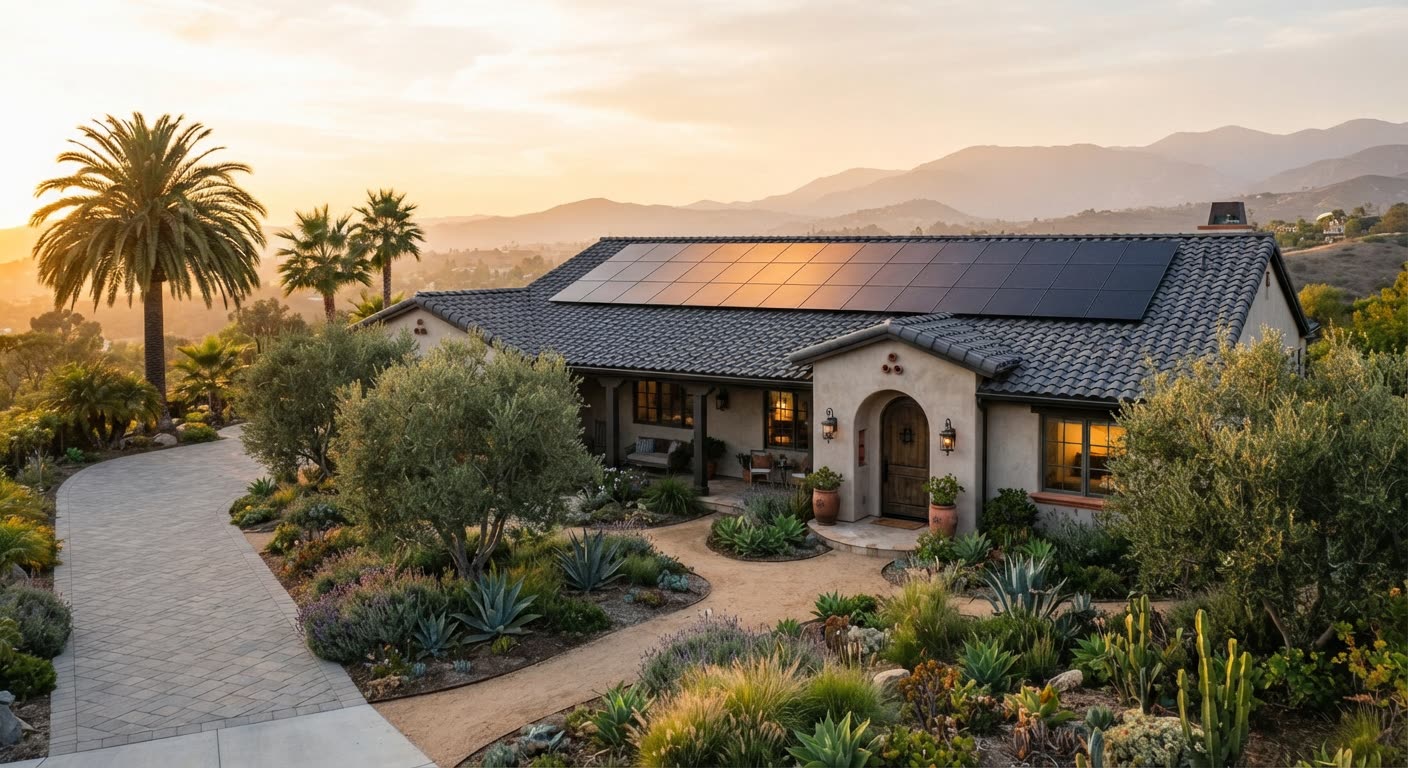 A Spanish-style tile-roof home with rooftop solar panels at golden hour