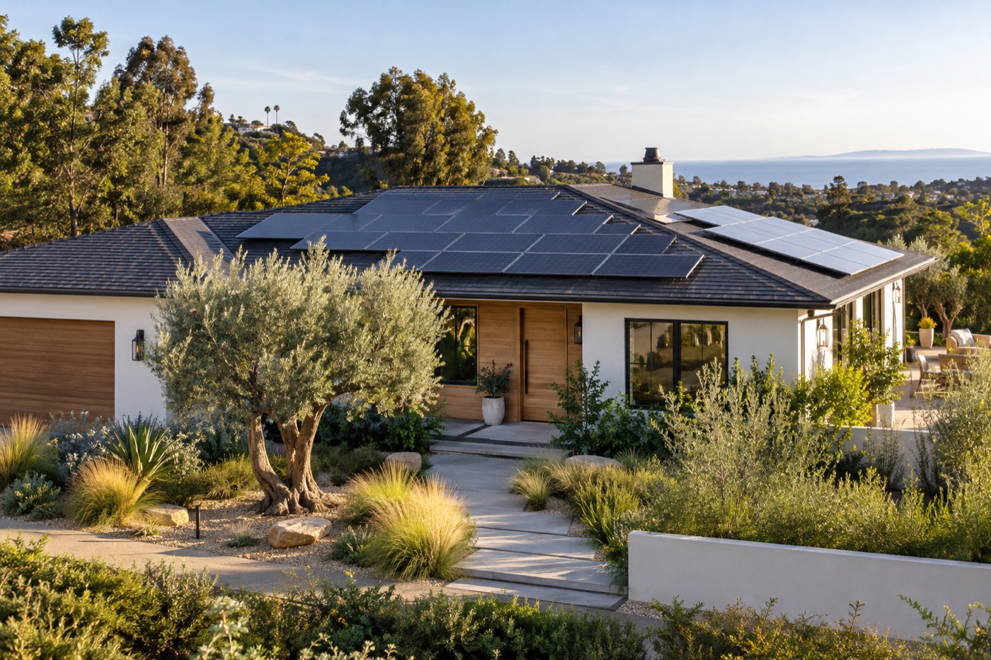 Illustrative solar home with rooftop panels and a landscaped garden in afternoon sunshine